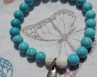 Turquoise & Lava Stone Bracelet with Silver Fish Charm - Aromatherapy Diffuser