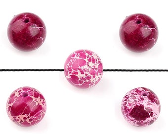 Perles pierre naturelle, perles en régalite, 10 mm de diamètre, fuchsia, rose clair, à l'unité, rondes