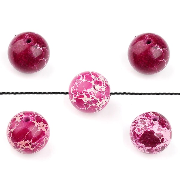 Perles pierre naturelle, perles en régalite, 10 mm de diamètre, fuchsia, rose clair, à l'unité, rondes