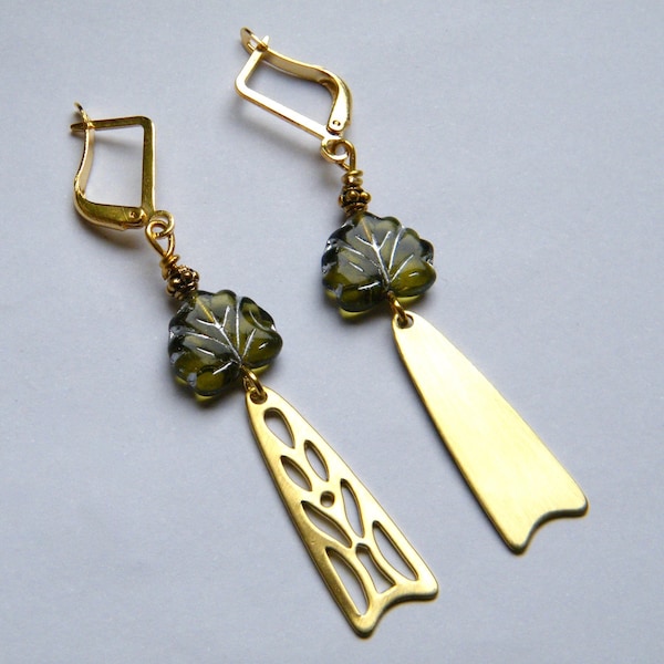 Boucles D'oreilles Poetiques, Verre, Laiton Dore