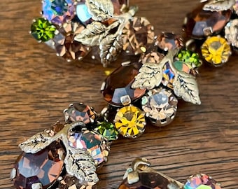 Vintage Rhinestone Bracelet & Earrings Set, Austria Gold Tone Leaf Design