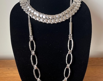 Chico’s Lot of 2 Silver Tone Hammered Chain Link Statement Necklaces