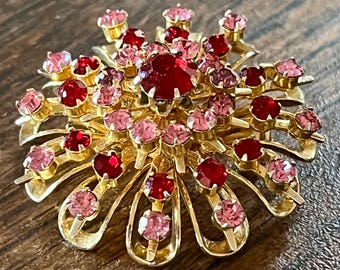 Vintage Rhinestone Coro Brooch Pink Red Layered Floral Estate Pin