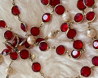 Vintage Chanel 1981 Ruby Red Crystal Faux Baroque Pearl Sautoir Necklace READ