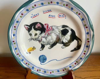Anthropologie Nathalie Lete 10" Plate Cat Mouse Viens Jouer Avec Moi French