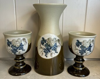 Otagiri Japan Stoneware Footed Wine Water Cups & Carafe Wave Pattern Brown