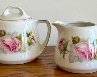 Vintage Germany Sugar And Creamer Set Pink Roses & Gold Trim On Handles