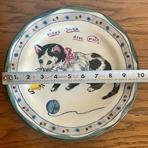 May include: A ceramic plate with a hand-painted cat design. The cat is black and white with a pink bow, and the plate has a blue and green floral border. The plate measures approximately 10 inches in diameter.