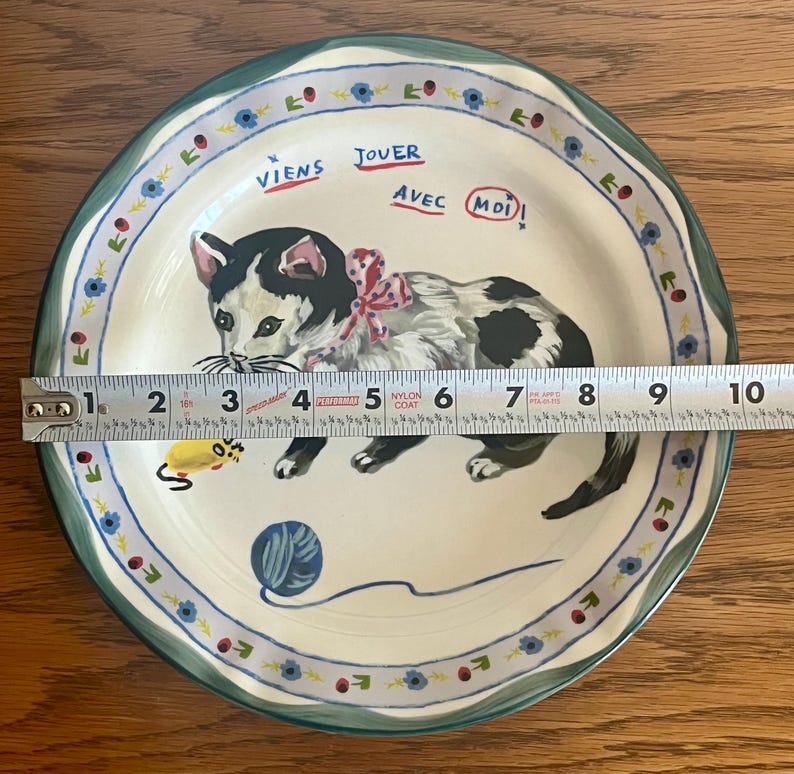 May include: A ceramic plate with a hand-painted cat design. The cat is black and white with a pink bow, and the plate has a blue and green floral border. The plate measures approximately 10 inches in diameter.