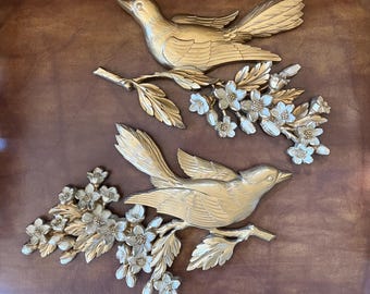 Vintage Hollywood Regency MCM Gold Birds Dogwood Floral Branches Wall Plaques