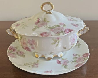 Antique Haviland Covered Dish Sugar Bowl Saucer Schleiger 39F Ranson Pink Roses