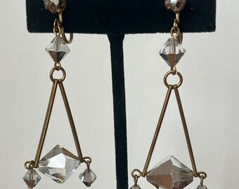 Vintage 70s Dangle Drop Runway Faceted Glass Bead AB Statement Clip Earrings