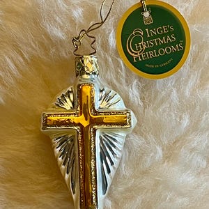 Inge Glas Religious Gold Cross German Glass Christmas Ornament