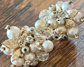Vintage Rhinestone Faux Pearl Crystal Beaded Cluster Clip Earrings Wedding