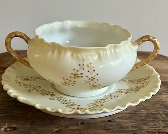 Haviland Limoges France Double Handled Ruffle Gold Yellow Bouillon Cup Saucer