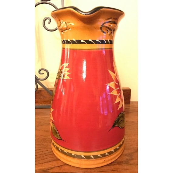 Pier 1 Sunflower Pitcher 72 Oz Hand Painted Terracotta