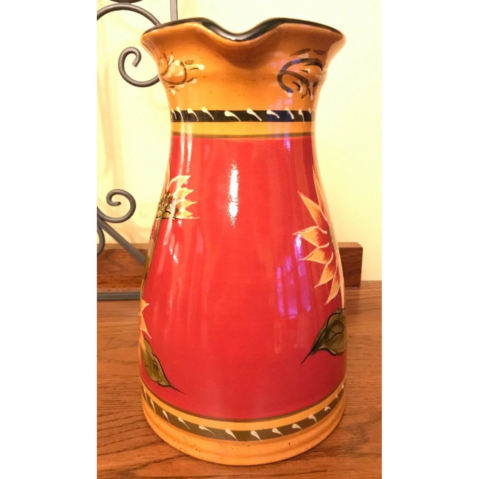 Pier 1 Sunflower Pitcher 72 Oz Hand Painted Terracotta