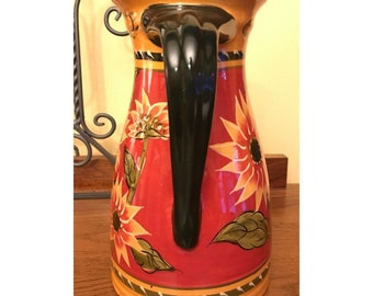Pier 1 Sunflower Pitcher 72 Oz Hand Painted Terracotta