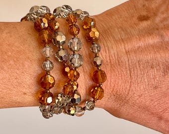Vintage Crystal Multi Strand Beaded Bracelet Smoky Gray Golden AB Marvella