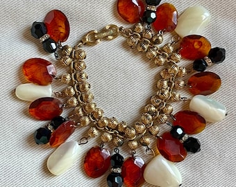 Vintage Charm Bracelet Mother of Pearl Gold Tone Rhinestone Black Orange