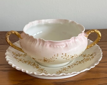 Antique Haviland Double Handled Ruffle Pink Gold Bouillon Cup Saucer