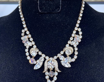 Vintage Kramer Clear Rhinestone Crystal Dangle Bead Statement Choker Necklace