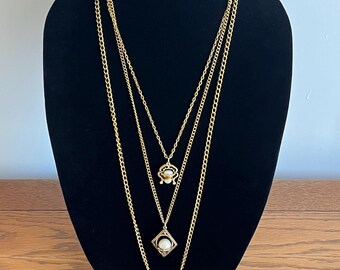 Vintage Layered Multi Chain Long Necklace Draping Gold Tone Faux Pearl Coin