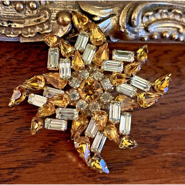 Sherman Layered Pinwheel Floral Baguette Rhinestone Brooch Pin Estate Jewelry