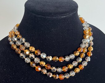 Vintage Crystal Necklace Layered Triple Multi Strand Smoky Gray Gold AB Marvella