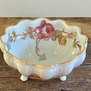 Haviland Limoges France Footed Nut Cup Dish Pink Rose Blue Floral Gold 3 5/8&quot;