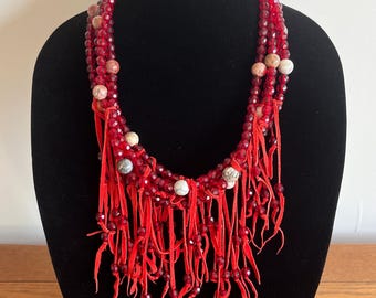 Vintage Red Glass Multi Strand Beaded Layering Boho Rodeo Fringe Tassel Necklace