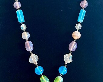 Vintage Chunky Pink Stone Pendant Beaded Glass Blue Necklace Spring Artisan