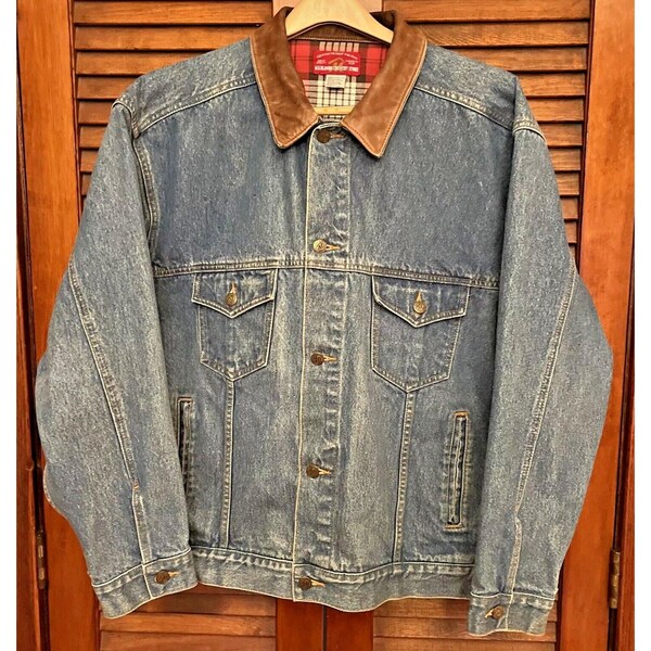 Vintage Marlboro Country Store Denim Jacket Leather Collar Men’s XL Trucker