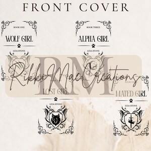 Könnte beinhalten: Ein Buchcover-Design mit dem Text "FRONT COVER" oben. Das Design enthält die Titel "WOLF GIRL", "ALPHA GIRL", "LOST GIRL" und "MATED GIRL". Jeder Titel wird vom Namen des Autors, "LEIA STONE", begleitet.