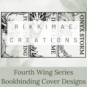 May include: Three book covers featuring black and white illustrations of dragons. The covers are for the Fourth Wing series by Ricki Mae Ireni Flame. The text on the covers reads "Fourth Wing", "Onyx Storm", and "Irenflame".