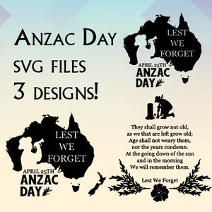 May include: Three black and white SVG designs for ANZAC Day. The designs feature a silhouette of Australia with the text "Lest We Forget" and "April 25th ANZAC Day".