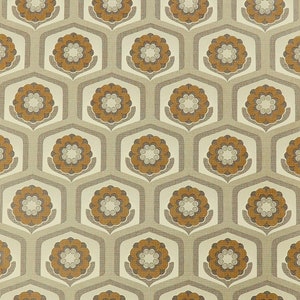 May include: A vintage wallpaper pattern with a repeating geometric design. The pattern features brown and beige flowers with a textured background.