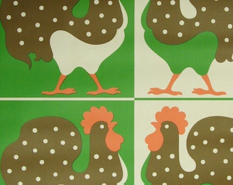 May include: A repeating pattern of brown and green roosters with white polka dots on a white background. The roosters are facing right and have orange combs and wattles.