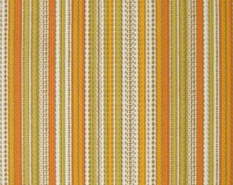 May include: A vintage wallpaper with a repeating pattern of vertical stripes in shades of orange, yellow, and green. The stripes are made up of small dots and dashes.