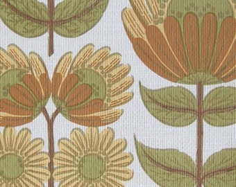 May include: A vintage wallpaper pattern with a repeating design of stylized flowers in shades of brown, green, and yellow on a white background.