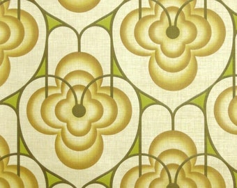 May include: A vintage wallpaper pattern with a repeating design of stylized flowers in shades of green and yellow. The flowers have a layered, 3D effect and are set against a cream-colored background.