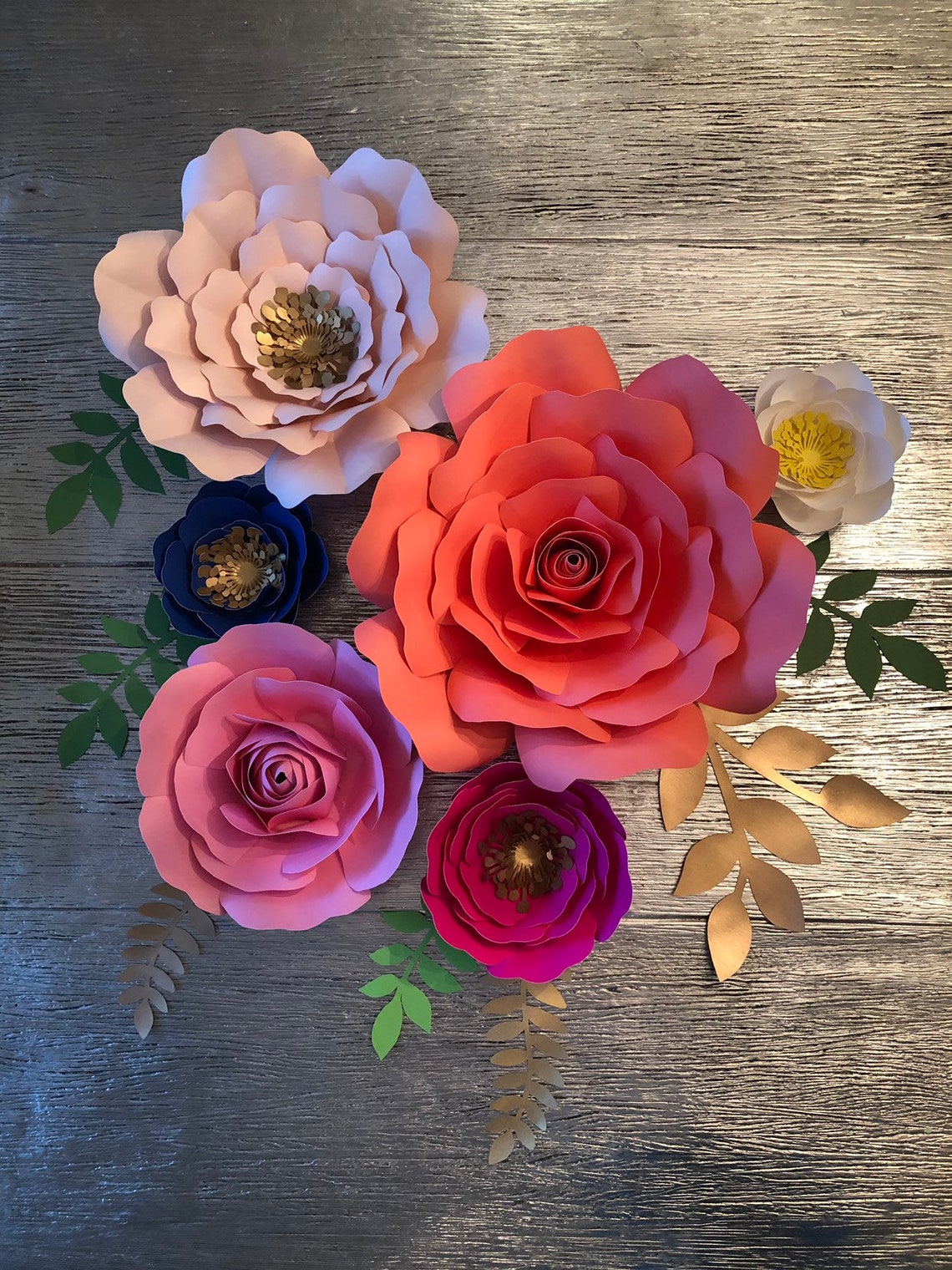 Paper Flower Wall Decor Paper Flower Set With Leaves Paper Etsy