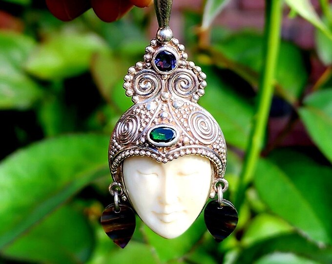 Sterling Silver Pendant-Purple and Green Amethyst-Hand Carved Bone-Abalone-Goddess Collection-Vintage