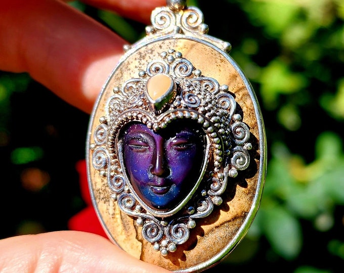 Sterling Silver Pendant-Rainbow Obsidian-Peach Moonstone-Septarian Stone-Vintage Goddess Collection