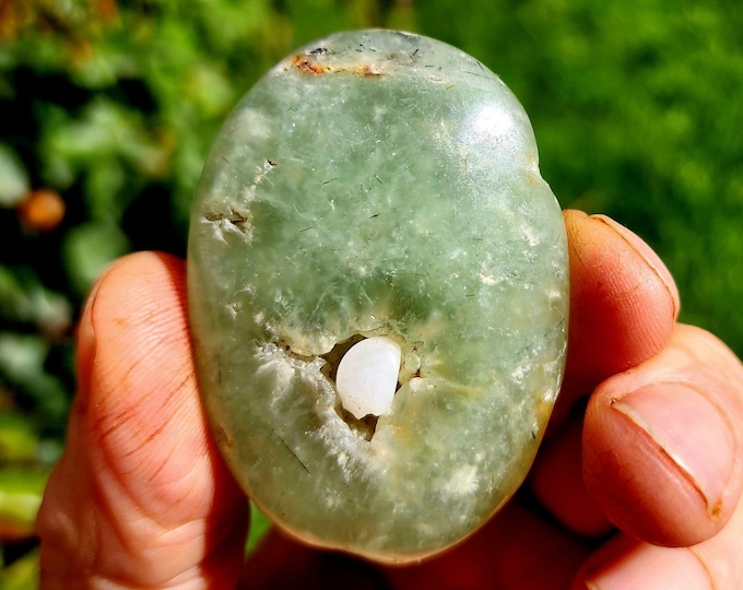 Prehnite with Epidote Palm Stone-Quartz Belly Button