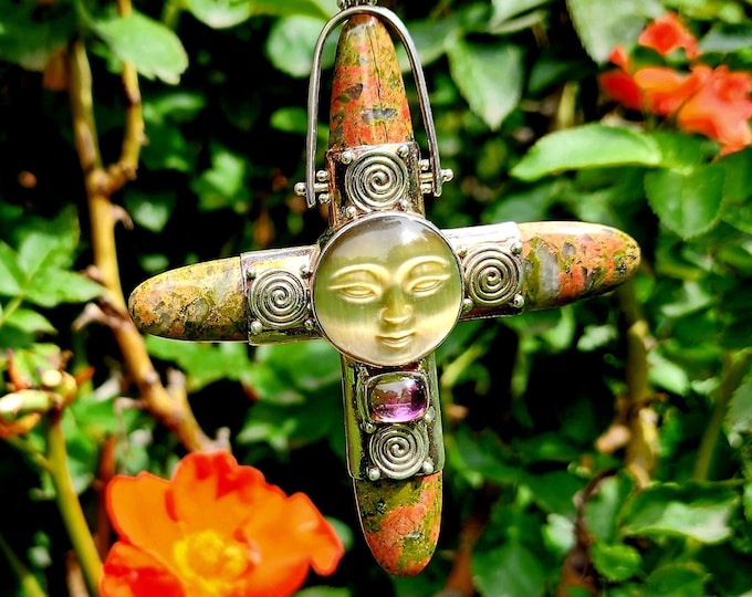 Sterling Silver Pendant-Unakite Jasper-Fiber Optic Stone-Pink Topaz-Goddess Collection-Vintage-Moon Pendant