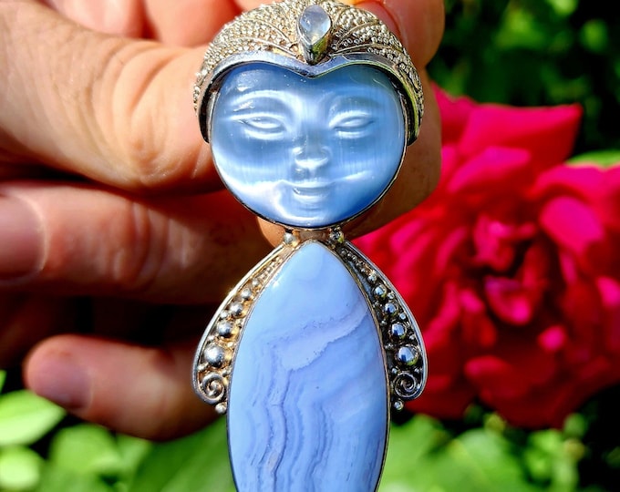 Sterling Silver Pendant/Brooch-Blue Lace Agate-Fiber Optic Stone-Aquamarine-Goddess Collection-Moon-Vintage