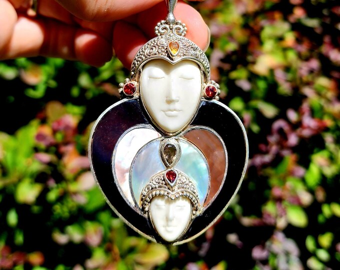 Sterling Silver Pendant-Garnet-Citrine-Smoky Quartz-Abalone-Mother of Pearl-Black Onyx-Carved Bone-Goddess Collection-Vintage-Heart Shaped