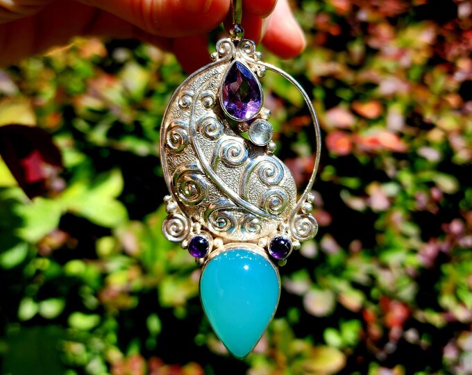 Sterling Silver Pendant-Amethyst-Aquamarine-Blue Chalcedony-Vintage