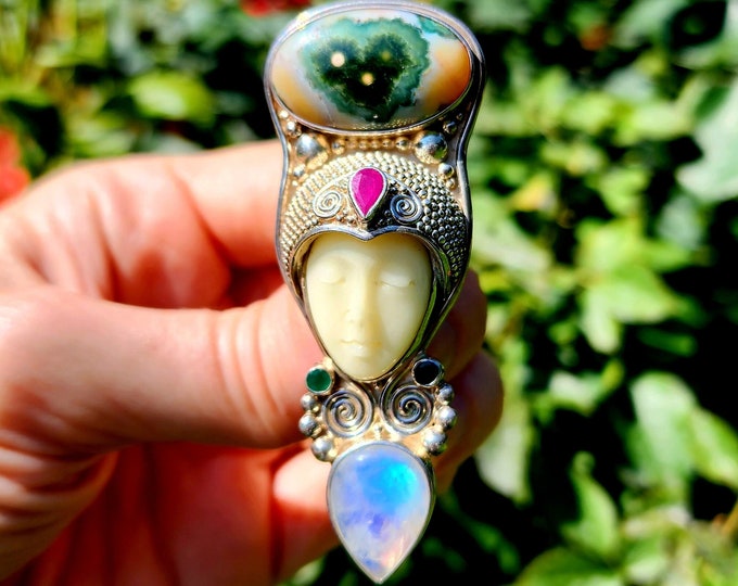Sterling Silver Pendant/Brooch-Rainbow Moonstone-Ruby-Orbicular Ocean Jasper Agate-Green Amethyst-Carved Bone-Goddess Jewelry-Vintage
